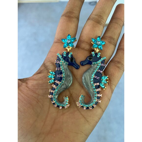 Sea horse earrings , blue earrings , dark blue earrings - Picture 1 of 8